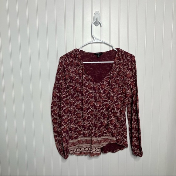 Lucky Brand Top Large Floral Red Multicolor V-neck Fall Long Sleeve Boho - Picture 1 of 7